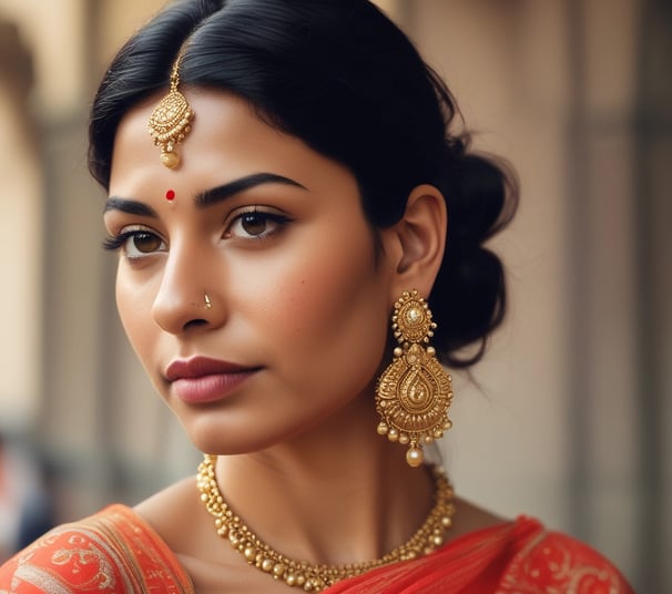 A collection of gold jewelry, including chains, rings, and bracelets, is artfully arranged on pieces of rough white stone. The jewelry features various designs and some pieces are adorned with small stones or beads. The backdrop is a neutral, warm beige color that complements the gold tones.