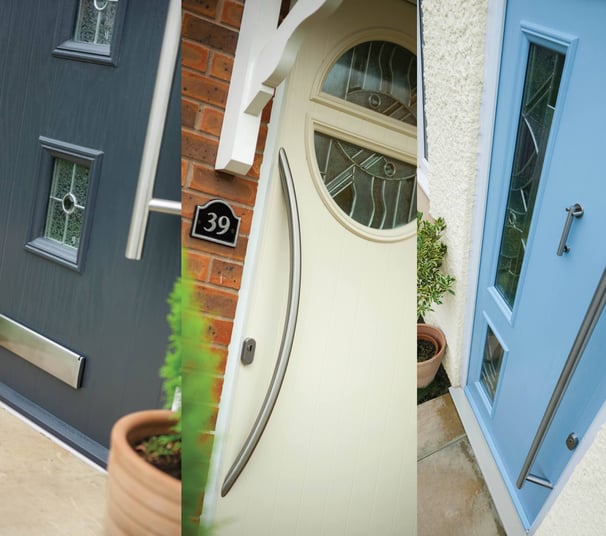 grey composite door with long handle, cream door with pattern glass, duck egg blue composite door