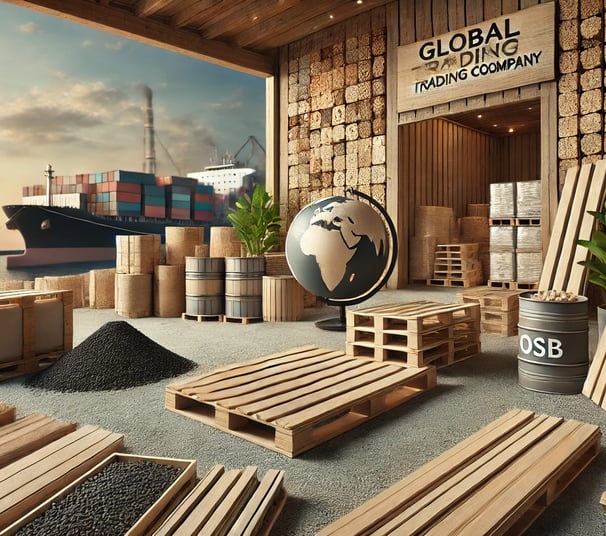 Warehouse with wooden pallets, OSB boards, firewood, and charcoal ready for global shipping