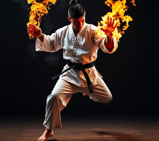 a man in a karate outfit is holding a fire