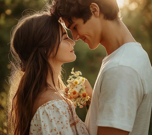 Fotografia de dos adolescentes viéndose cara a cara sonriendo y tomando flores en las manos 