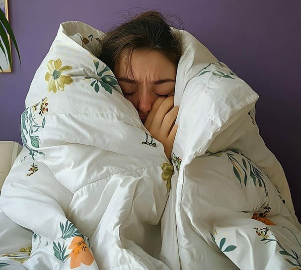 Fotografía de una adolescente cubierta de un edredón enferma 