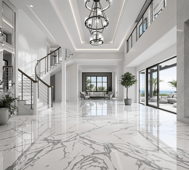 Metallic Epoxy white marble  resin coating with gray veins in a house