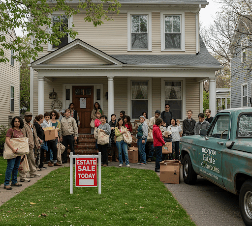 a group of people standing in front of a house at an estate sale in the Boston area.