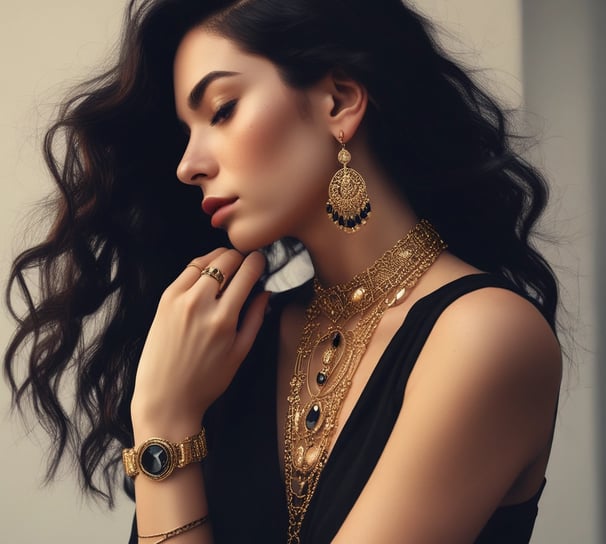 A display of an assortment of rings and bracelets is showcased within a glass case. The rings feature various gemstones in diverse colors including purple, red, and blue, while the bracelets are lined up in the background. The setting conveys an elegant atmosphere with the sparkling and intricate designs of the jewelry.