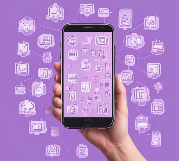 A hand holding a smartphone displaying a website or app interface related to creating a brand. The screen shows options for Home, Discovery, Members, and Topics.