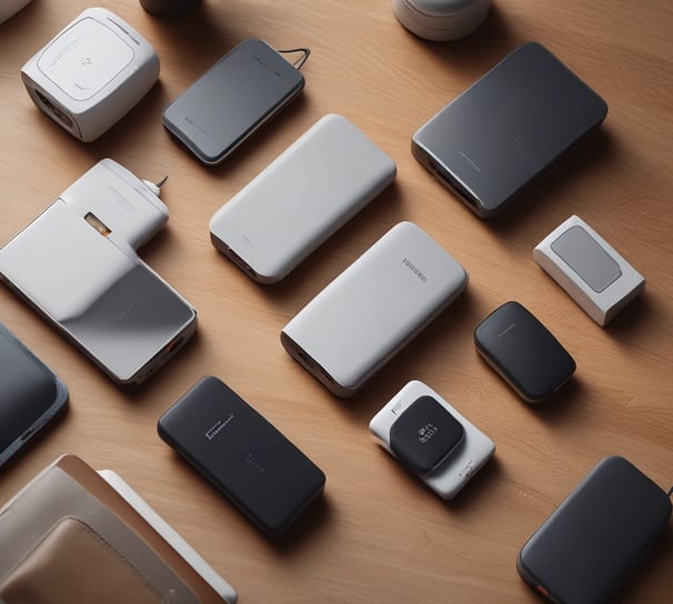 A collection of tech gadgets and accessories displayed on a wooden surface including a laptop covered with various tech-related stickers, two smart speakers, a smartphone, smart watch, and wireless earbuds.