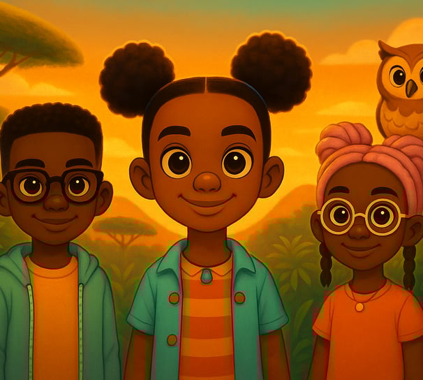 three children standing in front of a sunset