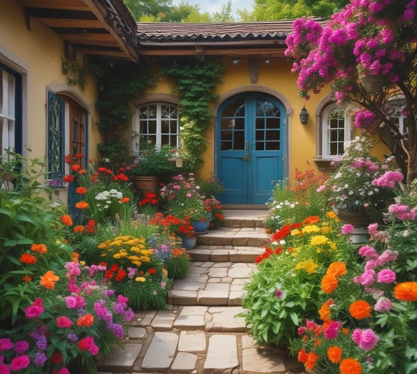 A whimsical garden setup featuring various decorative items, including small figurines of frogs, a tiny picnic table under a blue umbrella, a school crossing sign, and pastel-colored flowers. There are sections of green foliage, colorful flowers, and rocks arranged neatly within the garden.