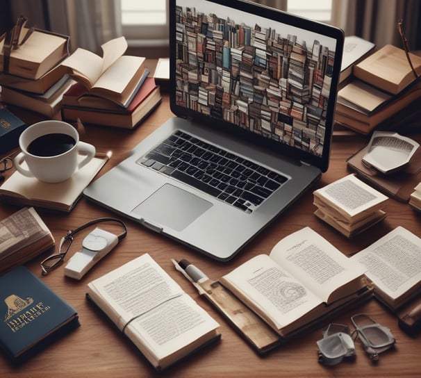 A laptop screen displays a webpage with the title 'ChatGPT Mastery Course'. The page includes sections on Learning, Writing, Money, Marketing, Productivity, and Tools, with various bullet points under each category. The top right shows an open browser tab, and there is a rating section with stars in the top left. Bright icons of various applications are visible at the bottom of the screen.