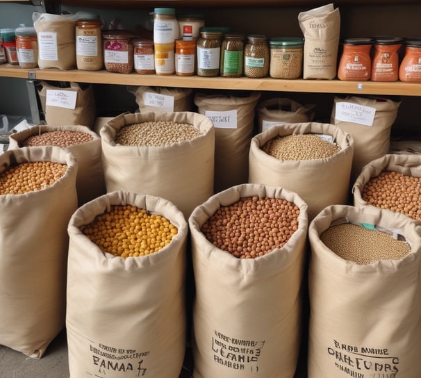 Various grains and legumes are displayed in open sacks, each labeled with a price tag. Items include chickpeas, lentils, beans, and other dry goods. There are also cleaning supplies and paper towels in the background.