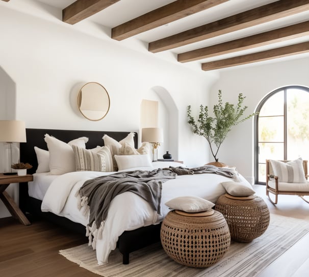 brown ceiling beam, greenery, brown ottoman, black bed frame, cream comforter, gold circle mirror