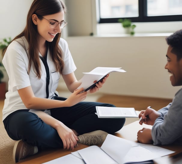A large banner with the text 'Lembaga Psikologi Terapan DELTA' is displayed prominently. A logo and contact information are included, featuring a website, email address, and phone number. Below the banner, there are two potted plants placed on a black structure.