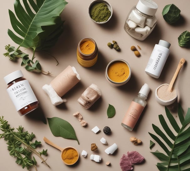 A well-stocked shop shelf filled with various beauty and wellness products, including bottles, boxes, and jars. The shelves are neatly organized with different color-coded sections containing skincare bottles, soaps, and colorful packaging. The lighting is warm and inviting.