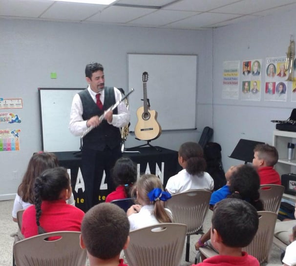 Jazz flutist Maestro Bobby Ramirez teaching kids jazz history