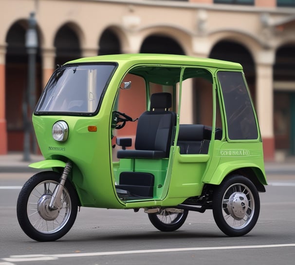 A red and white electric scooter is parked on a sidewalk next to a building. It has a top case for storage and a green license plate indicating it is an electric bike. The building wall is gray and has a modern, sleek texture.