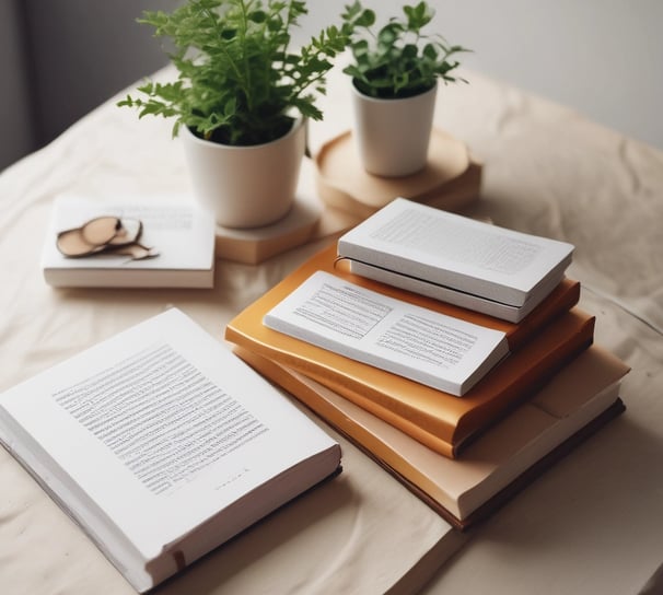 A collection of various books spread out on a wooden surface. The books have diverse cover designs, including illustrations and text in different languages. Prominent titles include 'Vincent,' '1984,' and 'Ioanna.' The covers feature a mix of artistic styles ranging from graphic and comic styles to classical depictions.