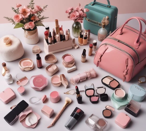 A showcase of cosmetic gift sets arranged on white shelves, featuring a range of products with vibrant retro packaging. The sets include various skincare and beauty items, each labeled with unique design and branding. The packaging has a vintage aesthetic with images and bold fonts.