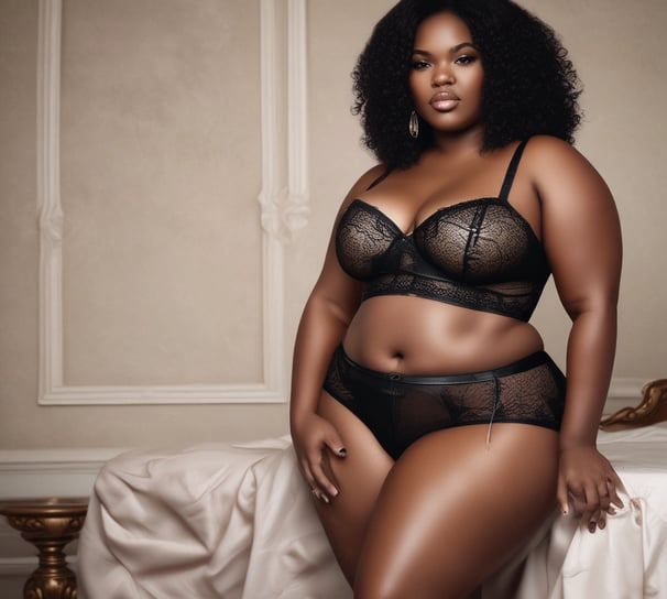 A person wearing lace lingerie with a tattoo on the torso. A delicate flower is tucked into the waistband. The lighting is dim, creating shadows and a moody atmosphere.