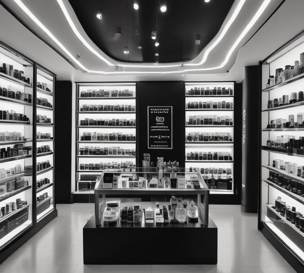 A selection of beauty products is displayed on a yellow countertop. There is an eyeshadow palette with neutral shades, a round compact with a golden lid, two dropper bottles containing serums, a makeup brush with a gold handle, and two white pen-shaped makeup products.