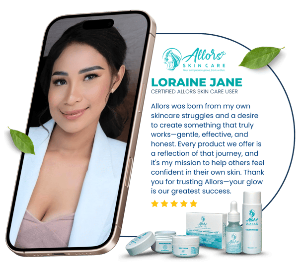 Smartphone showing Loraine Jane, a certified Allors Skincare user, with products and leafy accents beside her.
