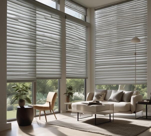 The sun is seen through vertical window blinds, casting shadows and creating a warm glow. The sunlight is diffused through the slats, and a soft gradient of light and shadow is present.