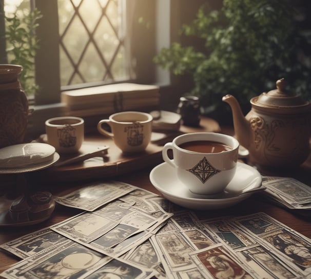 A pair of hands is positioned palms-up on a cloth featuring zodiac signs and a sun-like face. A stack of tarot cards, adorned with mystical symbols, rests on the cloth, surrounded by scattered blue glass beads.