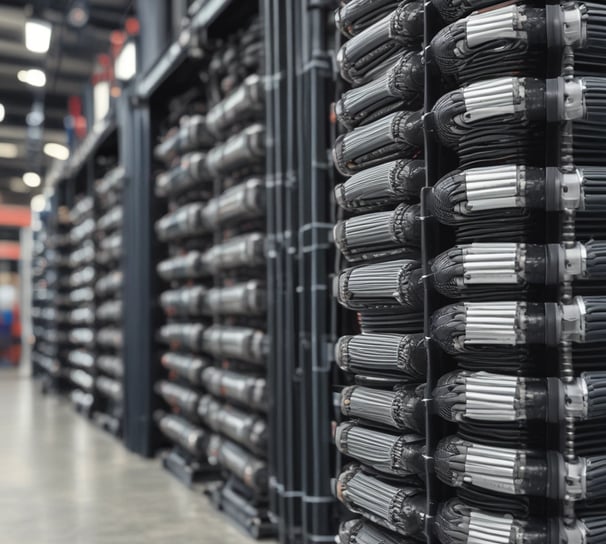 A large networking device, likely a server or network switch, is positioned on a small wheeled platform in an industrial setting with concrete walls and a visible yellow-painted structural support. The equipment features a series of component slots and ports arranged in rows on its front panel.