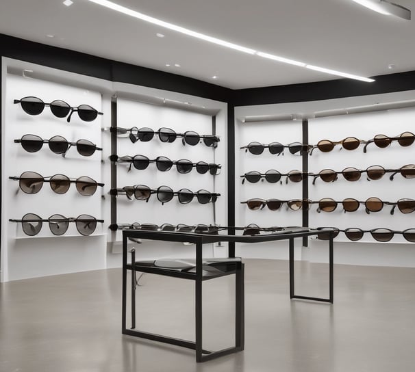 A stylish eyewear store interior featuring a wall shelf with a variety of eyeglasses and decorative items. Above the shelf, a neon sign glows softly with the words 'taste it.' The wall panels are a warm brown color, contrasting with the sleek, modern aesthetic. The foreground includes a display counter with a glass top, set against a patterned tiled floor. A cozy seating arrangement with a small table is visible on the left, and a door labeled 'Opticalab' is on the right side of the image.