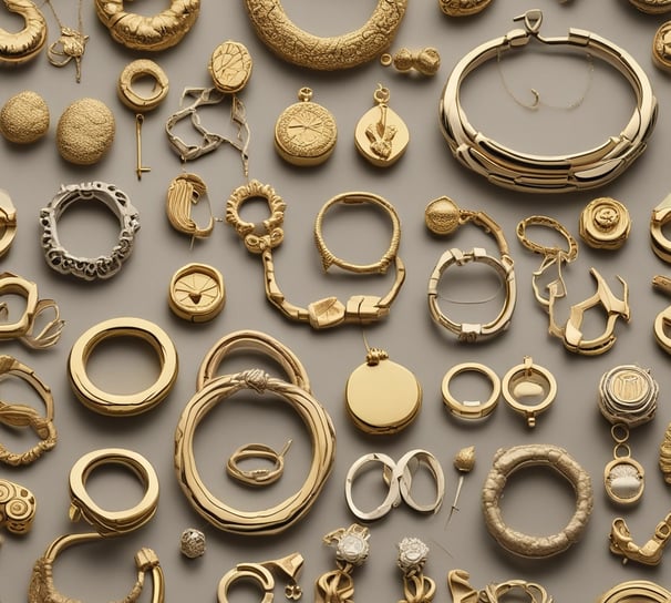 A jewelry store window display filled with mannequins adorned in elaborate, gold jewelry sets. The items include necklaces, bracelets, and full body chains, all intricately designed. The backdrop features a tufted, possibly velvet texture, adding to the luxurious atmosphere.