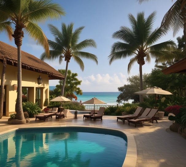 A travel agency is located in a multi-story building adorned with a large mural. The mural depicts a smiling woman's face with her hand raised as if waving. The building is surrounded by trees, and there is a sign indicating 'TRAVEL AGENCY' at the entrance. Several windows and architectural details are visible, as well as an entrance with a ramp and stairs.