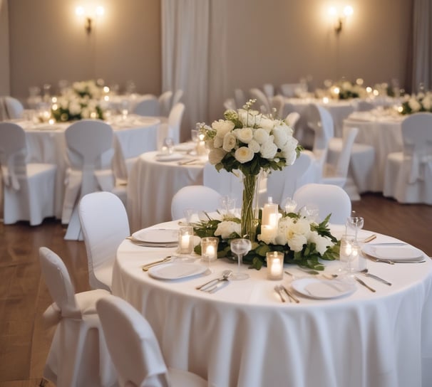 An elegantly decorated event hall with round tables covered in white tablecloths and red accents, such as chair bows and floral table centerpieces. The room has draped curtains and wooden beams, with stage lighting in the background.