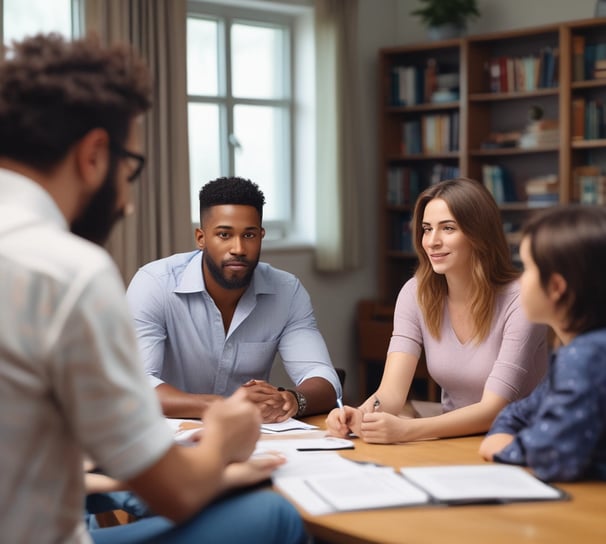 A family in a therapy session working through family issues with the therapist looking on