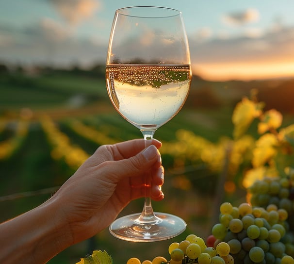 a person holding a wine glass in front of a vineyard