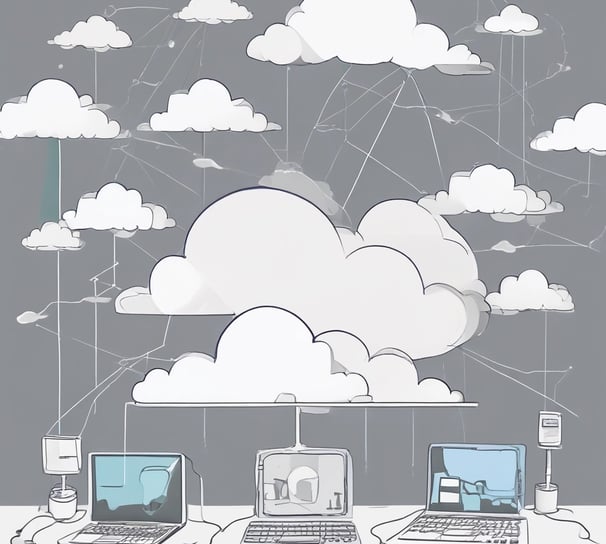 A cloud-shaped object with server racks is connected via cables to a computer monitor. The setup is surrounded by several black squares on a blue background, evoking concepts of cloud computing and data networks.