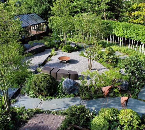 a garden with a stone path