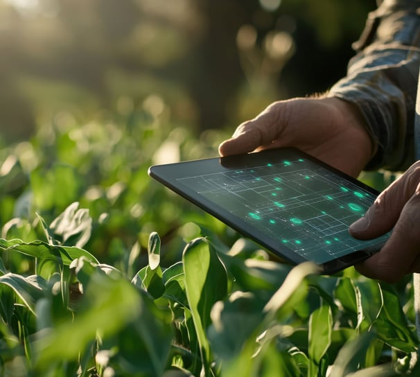 a man holding a tablet computer in a field