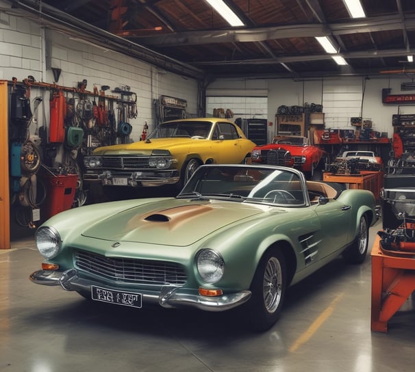 A dark green, compact car is parked in an indoor garage. The focus is on the car's rear, showing a shiny surface, taillights, and a close-up of the license plate with foreign characters. The environment is modern and well-lit, with concrete flooring and minimal barriers.