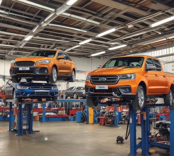 A busy automotive workshop with multiple cars being serviced. One car is elevated on a lift, and a mechanic is working nearby. Several signs and banners with automotive-related text hang on the walls. The environment is industrial, with metal roofing and visible beams.