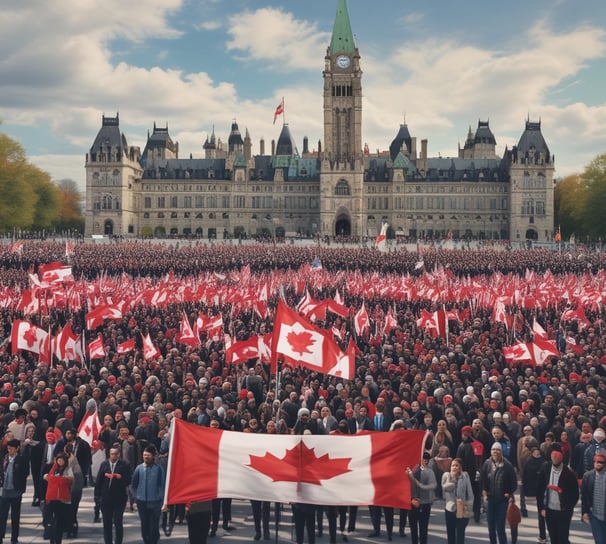 A large group of people gather outside the Toronto Eaton Centre, holding various flags including Ukrainian, Lithuanian, and Canadian flags. The crowd is dressed warmly, suggesting cold weather. Above the crowd is a large digital billboard displaying promotional content with faces and text.