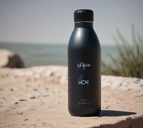 A water bottle  , marked with the rests on a rumpled white fabric surface, possibly a bed. The background is bright and softly blurred, with natural light streaming through a window, creating a serene and minimalistic atmosphere.