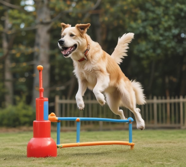 An assortment of pet toys and accessories arranged on a white background. Items include a rope chew toy, a blue feeding bowl filled with kibble, an orange football-shaped toy, a green spiky toy, a small rubber ball, a pair of grooming tools, and a colorful rubber knot ball.