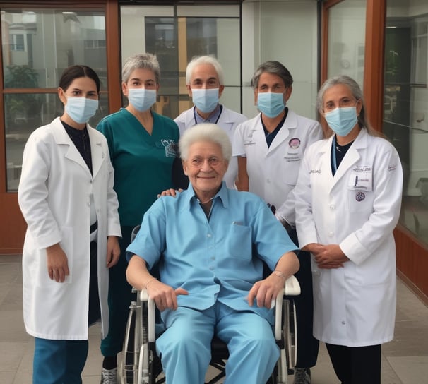 A group of medical professionals and possibly officials are gathered around a patient in a hospital ward. The patient is seated on a hospital bed, engaging with the people around him. Several men in uniform and plain clothes are present, suggesting a formal visit or inspection.