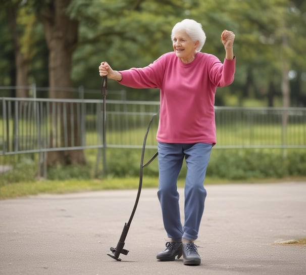 An elderly person wearing a white shirt and black pants is walking with assistance, holding a cane. The person is wearing a face mask and appears to be in an outdoor setting with others around. There are stepping stairs in the background and a red carpet with floral patterns leading up the steps. Other people, some seated and some standing, can also be seen.