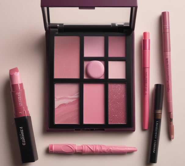 A selection of beauty products is arranged on a marble surface. On the left, two tubes of lotion are displayed, both featuring elegant cursive branding. In the center, an intricately designed perfume bottle with a stylish dress motif is prominently featured. To the right, makeup brushes with shiny metallic handles stand upright in a sleek holder. A black mascara tube lies in the foreground. The composition is accentuated by soft natural light and subtle shadows.