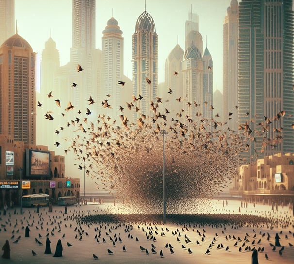 Starling Birds Flying rounded a pole in the center of Dubai high risers
