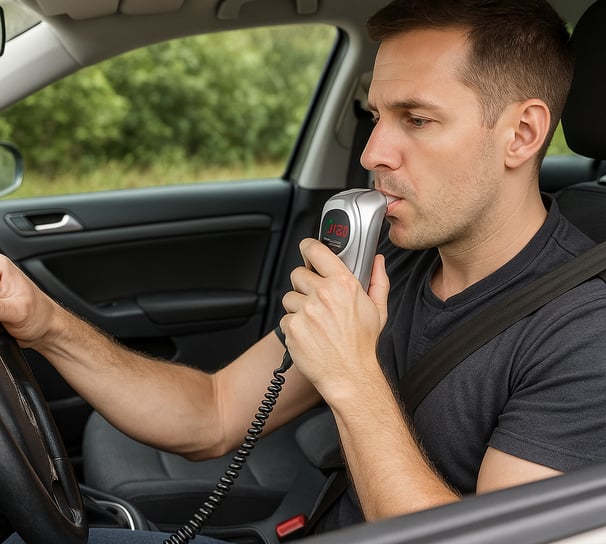 A person blowing into an Ignition Interlock Device