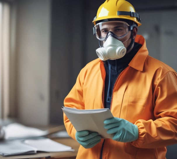 A person wearing a bright red industrial jacket with reflective stripes and a white safety helmet. They are holding a book titled 'Occupational Safety and Health Act' against a plain blue background. The person is smiling and the jacket has a logo on the chest.