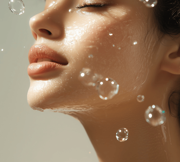 a woman with a lot of bubbles coming out of her face