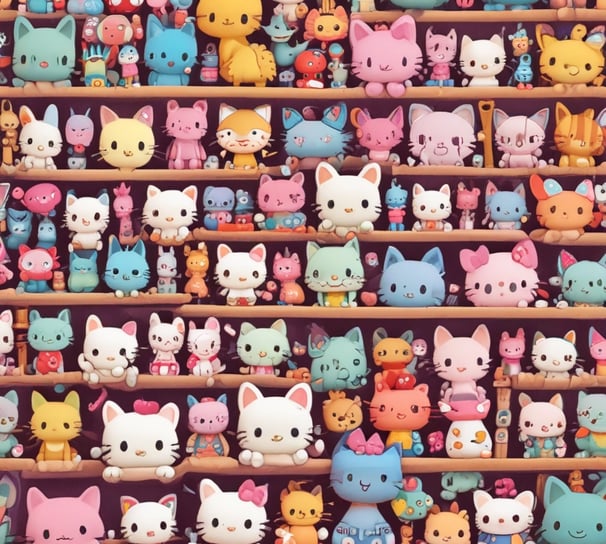 A collection of cute, colorful plush toys is displayed on a set of pink platforms. The toys have large, expressive eyes and resemble popular cartoon characters. Around the toys, there are small, colorful blocks, adding to the vibrant aesthetic.